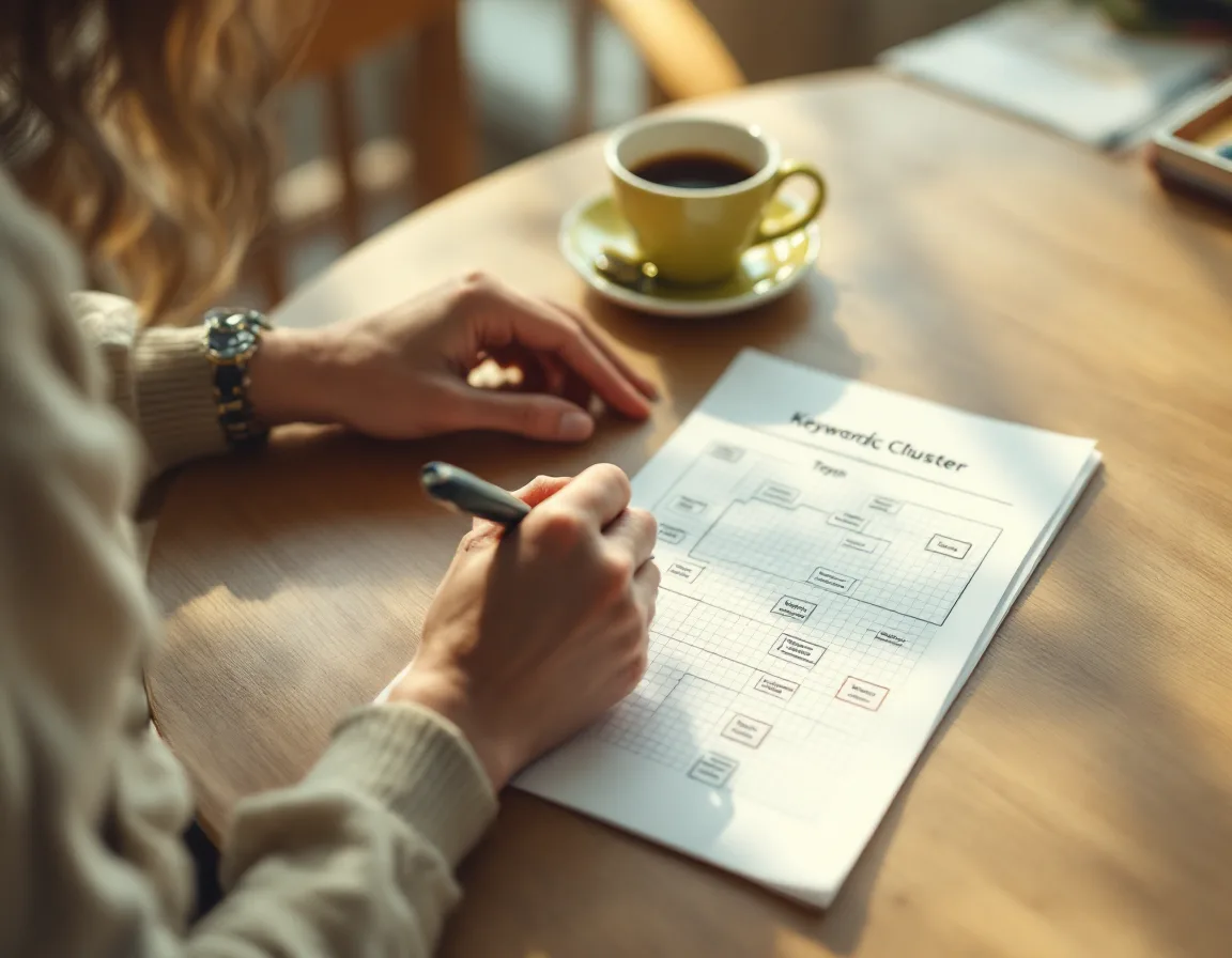 A hand-drawn topic-cluster map next to a coffee cup on a Foothold desk