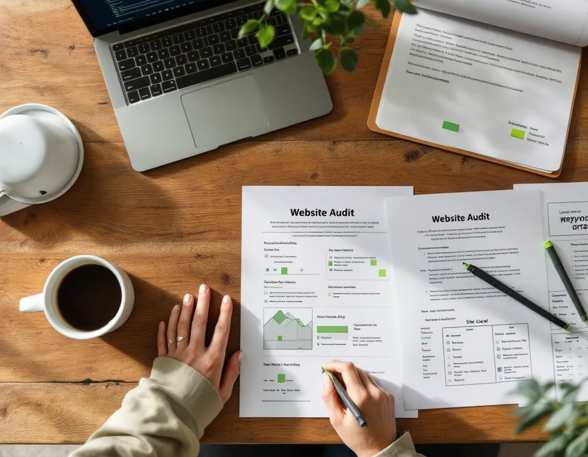 A printed site audit and hand-drawn keyword map spread across a desk